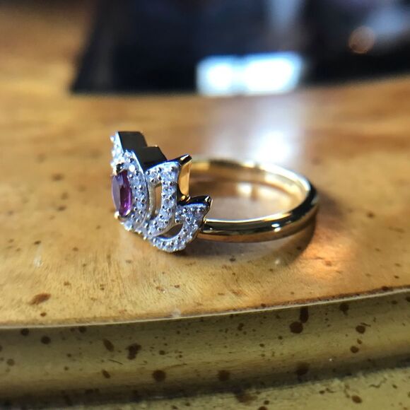 Natural Rhodolite Garnet Sterling Silver 18k Yellow Gold Vermeil Lotus Ring - Picture 2 of 9